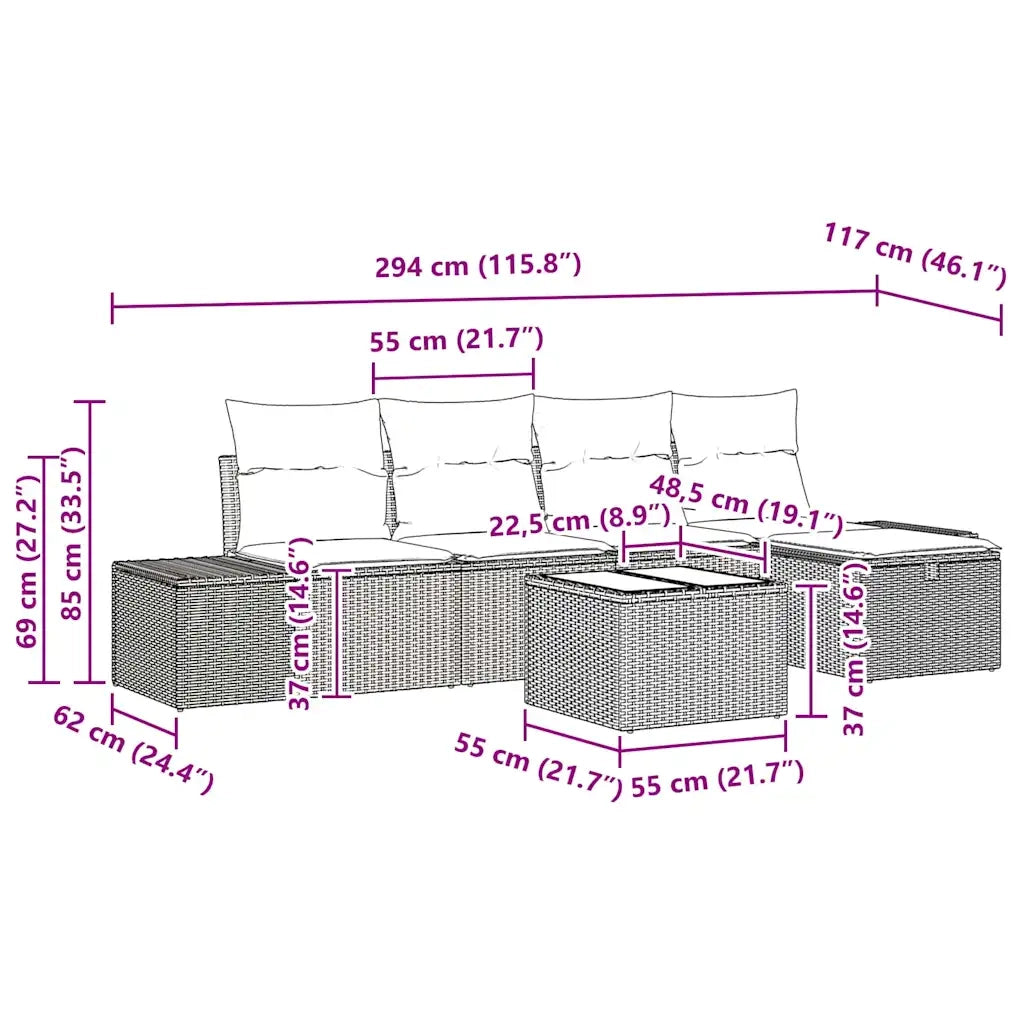 Set Divano da Giardino con cuscino 6 pcs Nero polyrattan 3359372