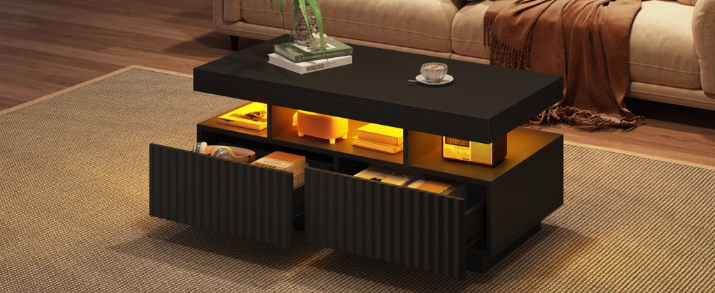Tavolino da salotto nero 100x50x45 cm con due cassetti e LED