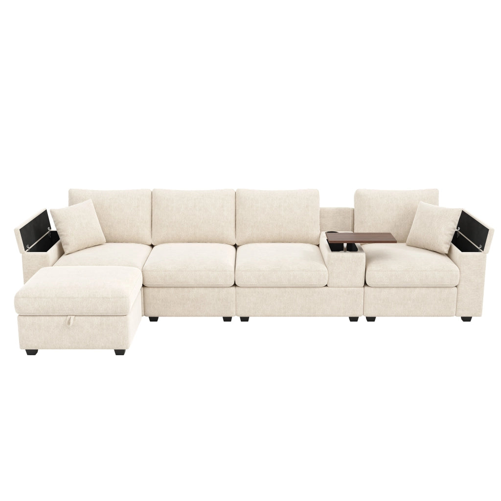 Divano modulare a L 313 x 147 x 82 cm con pouf e USB; ciniglia beige