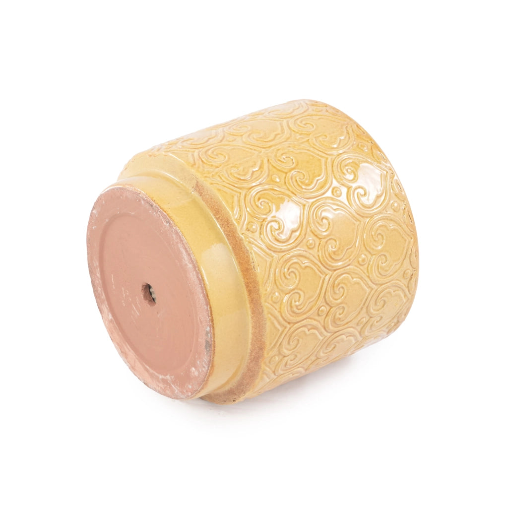 Vaso per piante in ceramica Ø 24 cm giallo lucido con rilievo a cuori e foro di drenaggio per interni