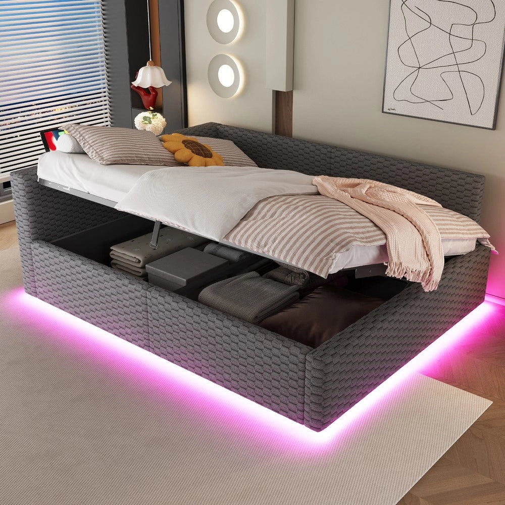 Letto Imbottito 140x200 con LED ¨C Xylo ¨C Velluto Grigio, Testiera a L, Idraulico