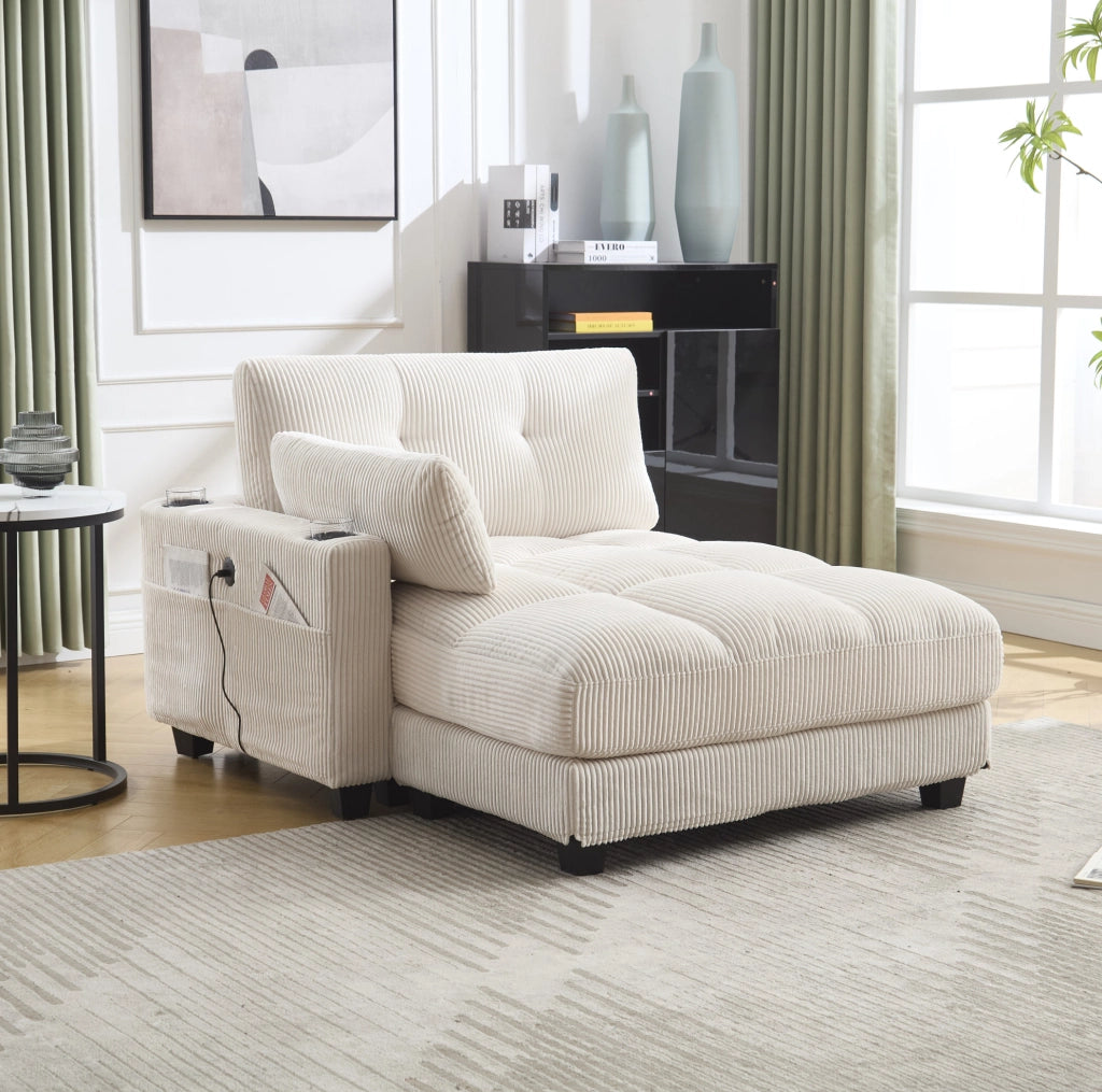 Poltrona lounge in velluto a coste beige con USB e portabevande