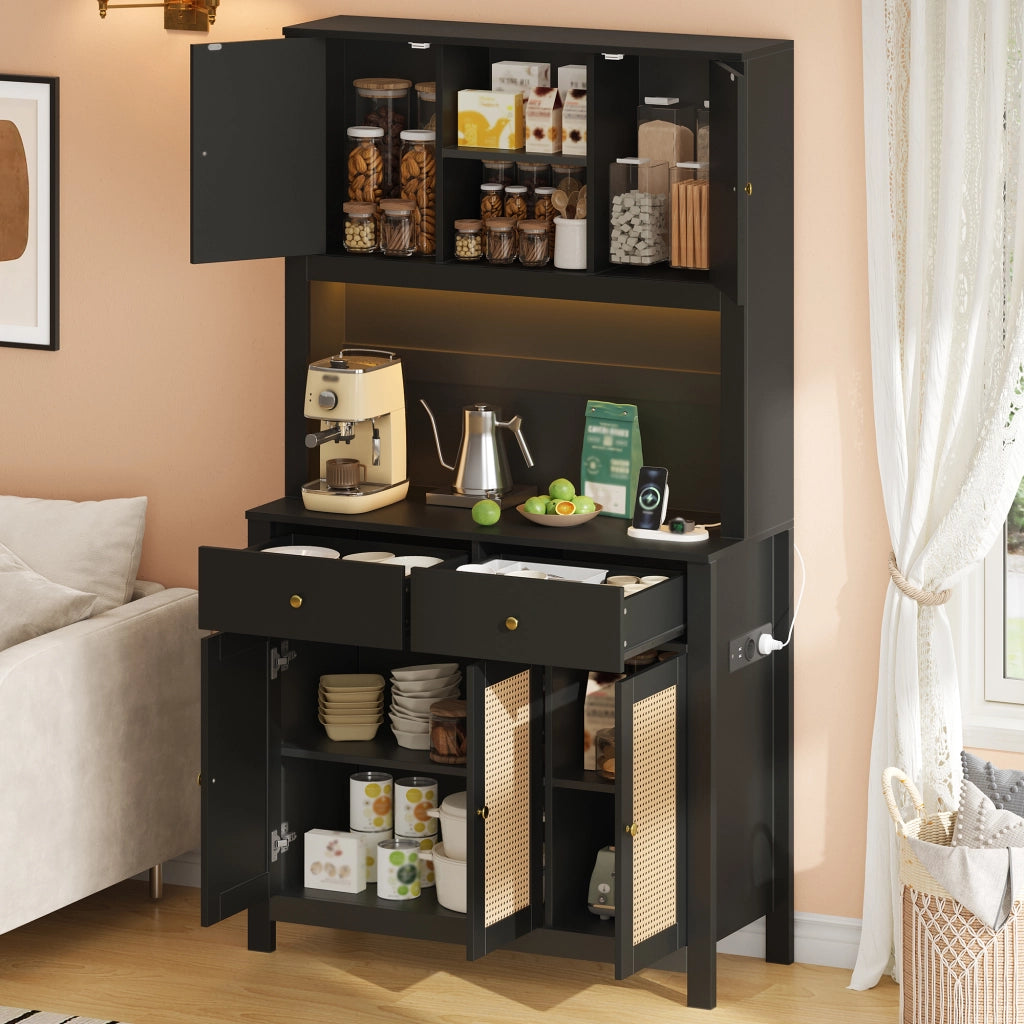 Mobile da cucina alto con ante in rattan; cassetti; ripiani aperti; illuminazione LED RGB e prese integrate; nero; 100 × 40 × 180 cm
