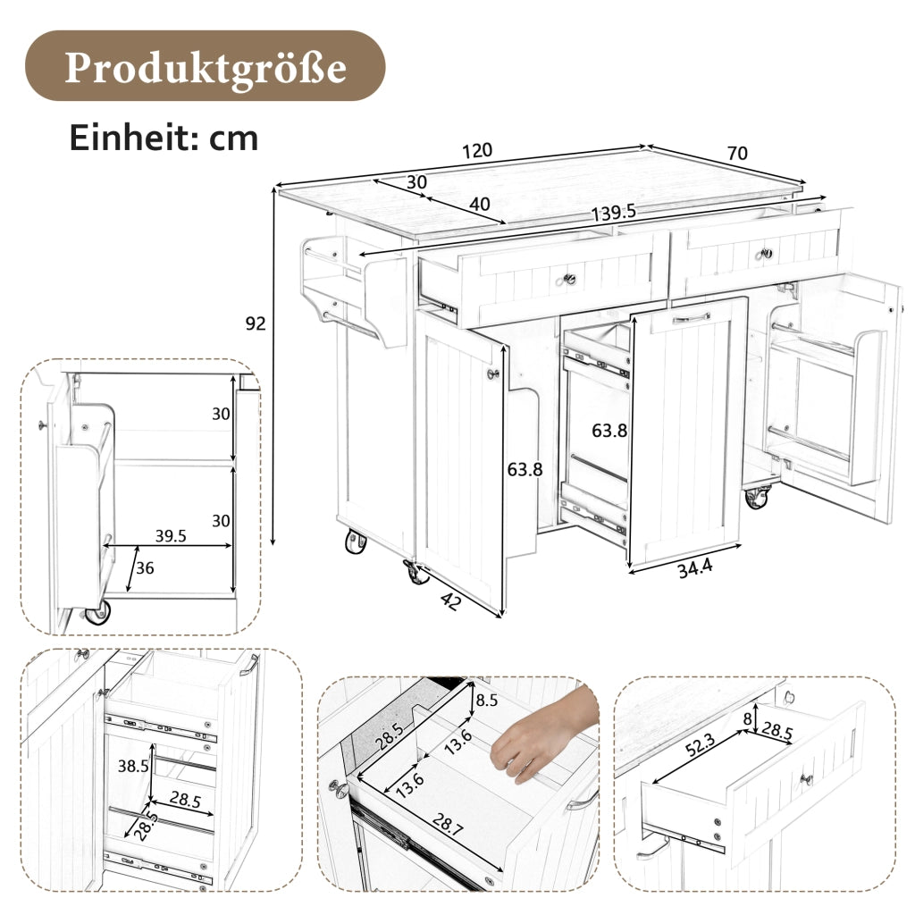 Mobile base da cucina con piano estraibile e pieghevole; cassetti multifunzione; bianco e naturale 140 × 40-70 × 92 cm