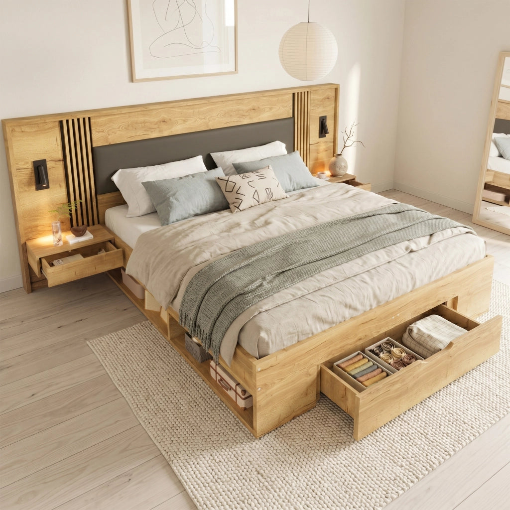 Letto matrimoniale con contenitore in MDF naturale con materasso lampade e comodini integrati