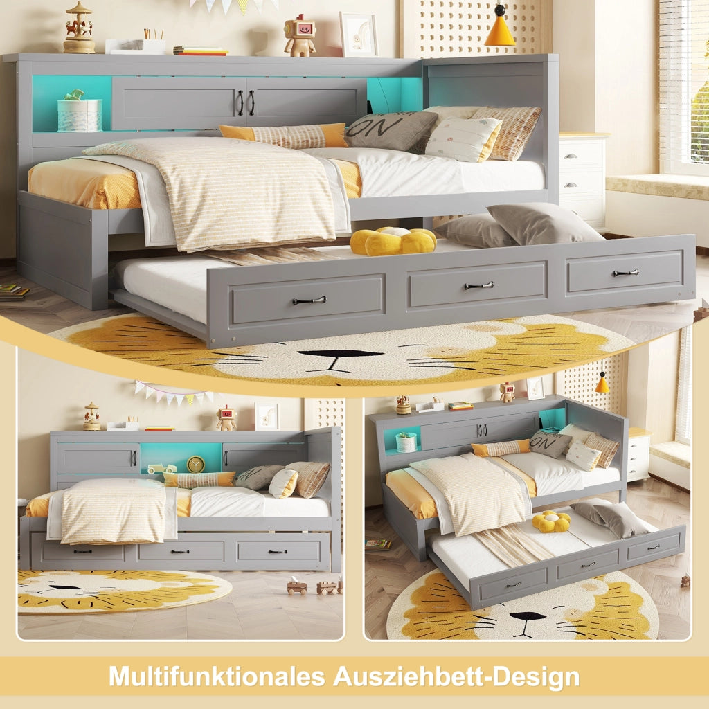Letto a Divanetto 90x200 cm; Letto Singolo - Contenitore; LED; USB; e Presa - Grigio