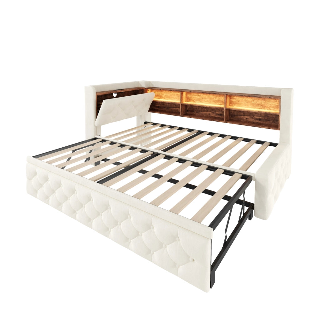 Divano letto estraibile ULEVR 90x190 cm in velluto beige con bracciolo contenitore, LED, USB e Type-C