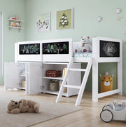 Letto a soppalco bambini 90x200 cm con armadio e lavagna