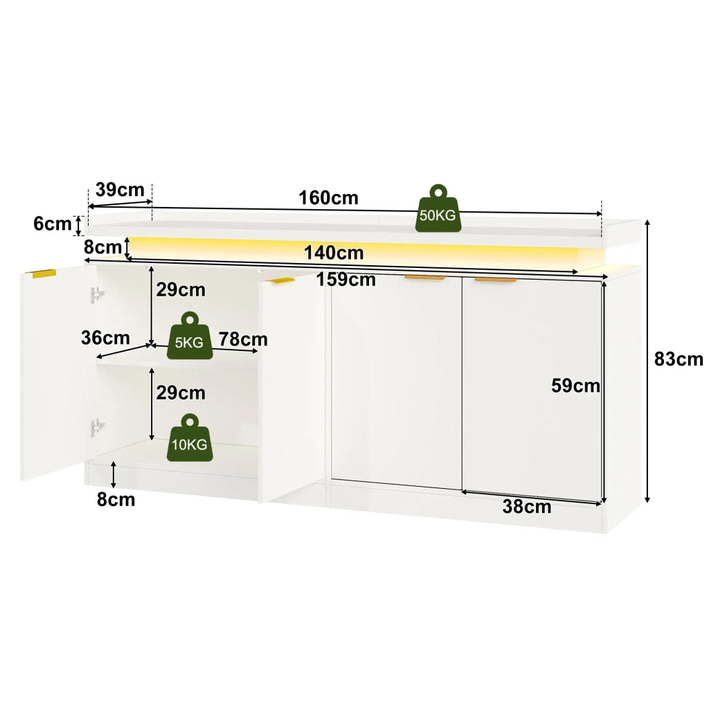 Madia con 4 ante e illuminazione LED, credenza da cucina/soggiorno con ampio spazio contenitore, 160x39x83 cm