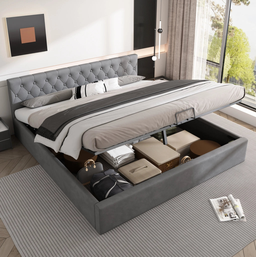 Letto matrimoniale 180x200 cm in velluto grigio con contenitore idraulico e testiera con bottoni