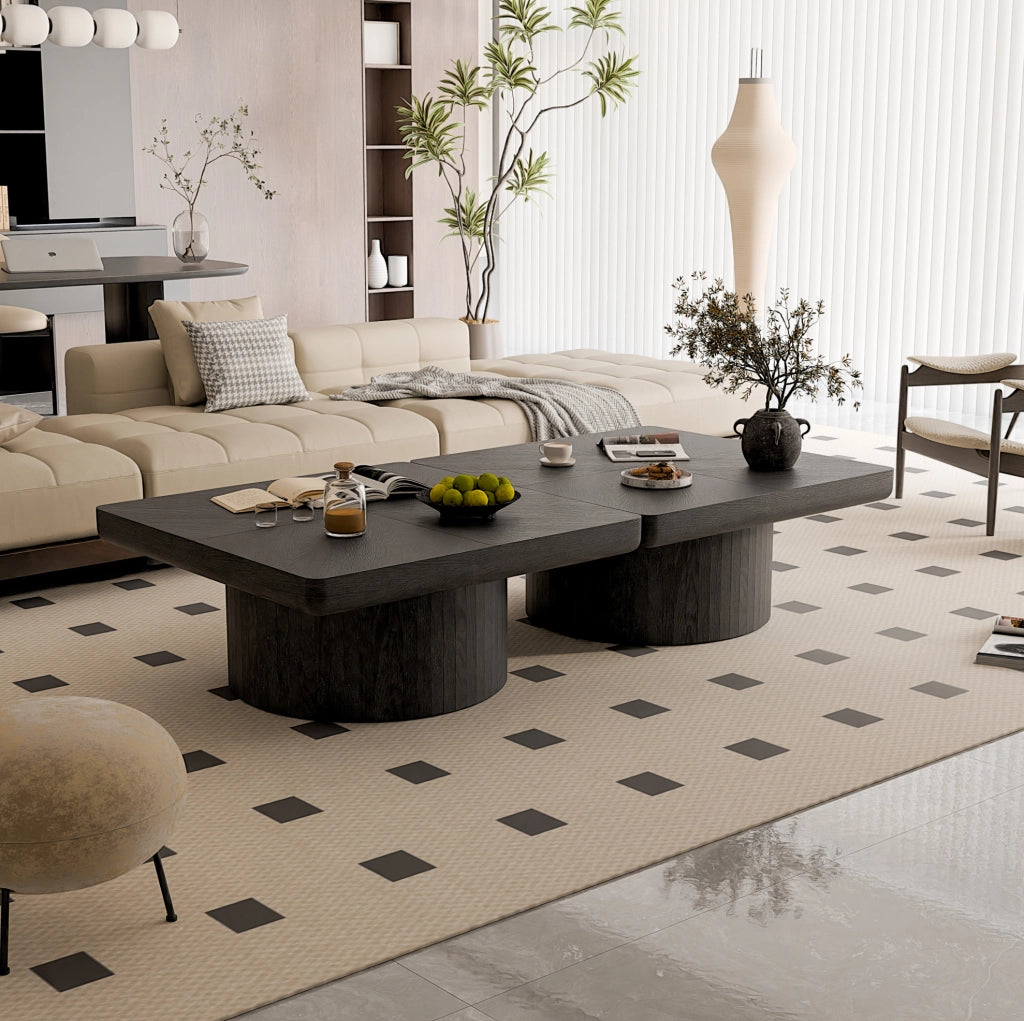 Tavolino Quadrato 78cm con Piano in Impiallacciatura a Parquet e Base Cilindrica Nero