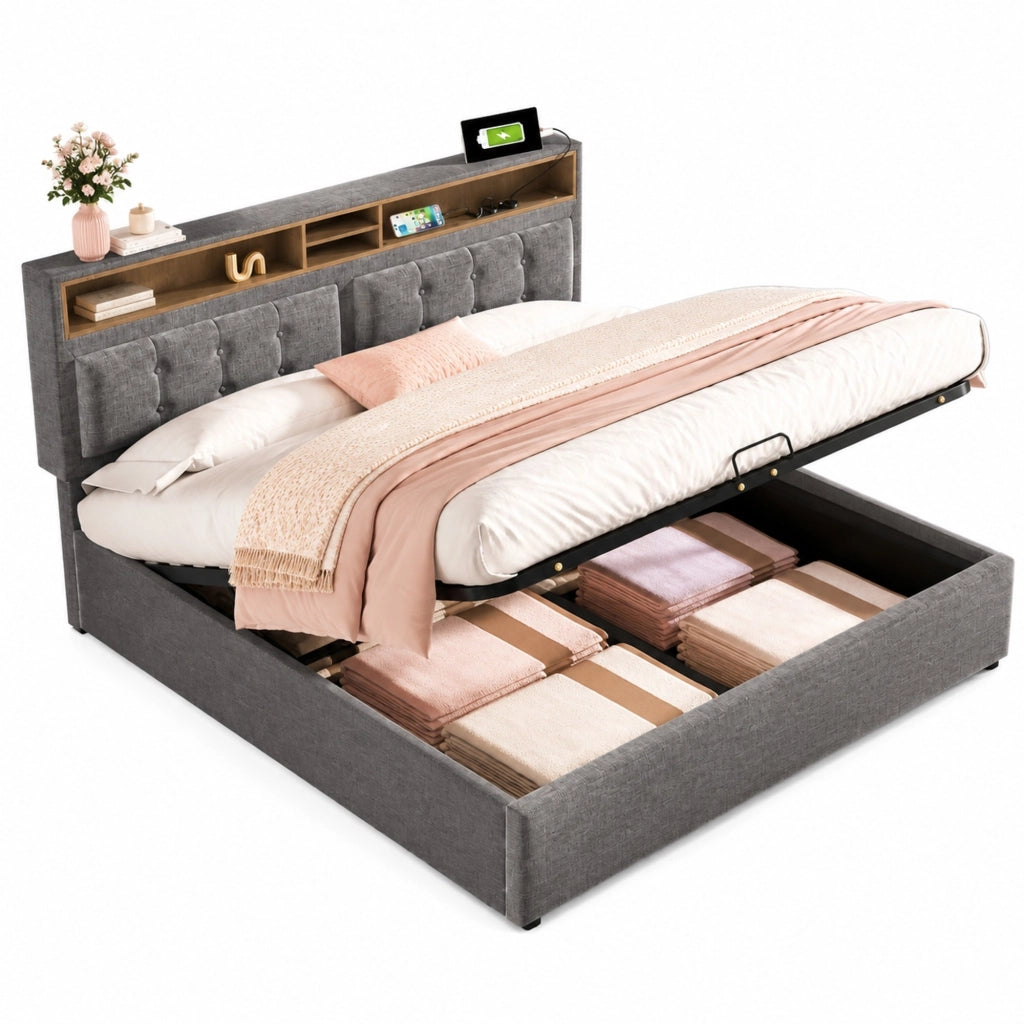 Letto imbottito 160 x 200 cm grigio con contenitore, prese e USB-C