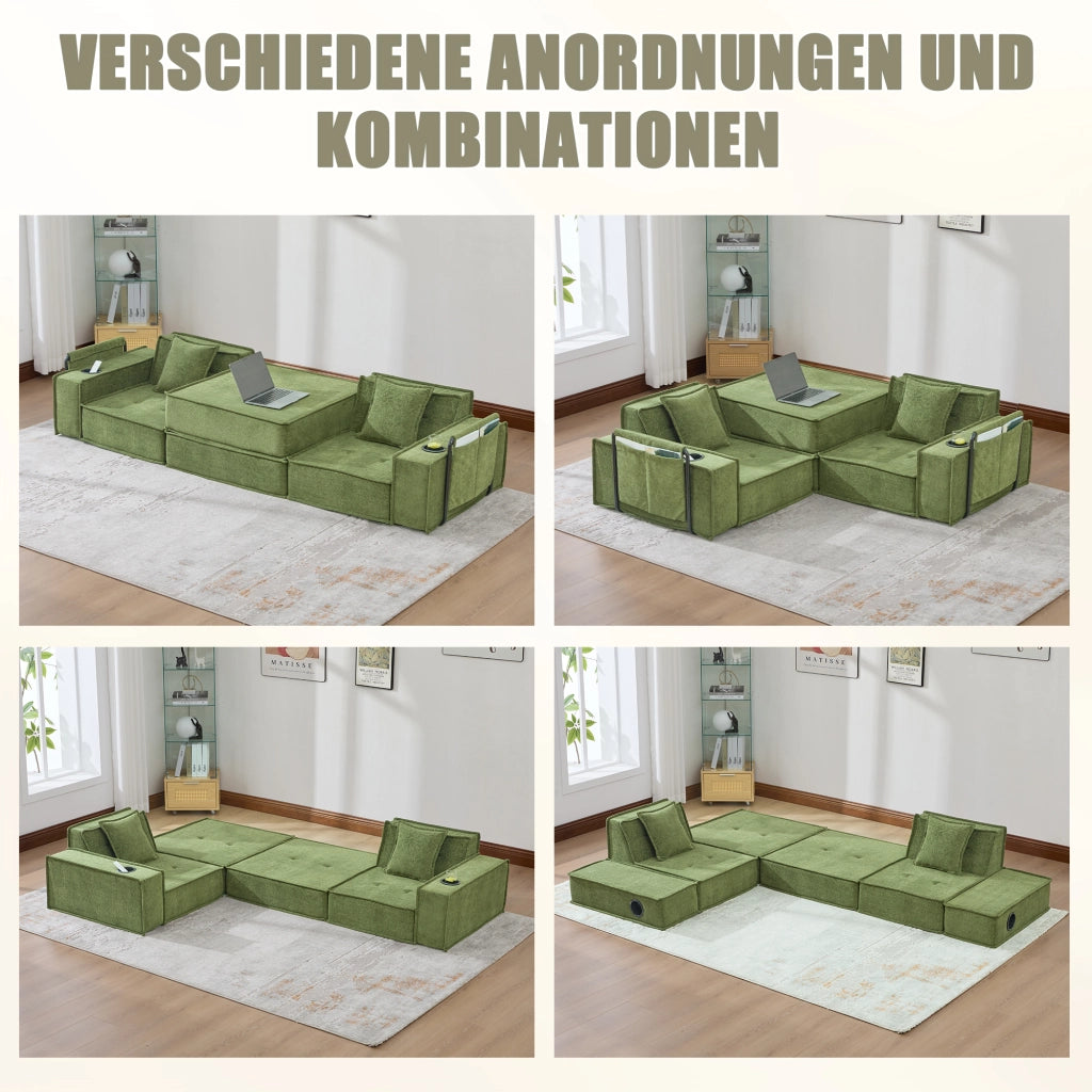 Divano modulare 2 posti - con tasche laterali e cuscini - in chenille verde