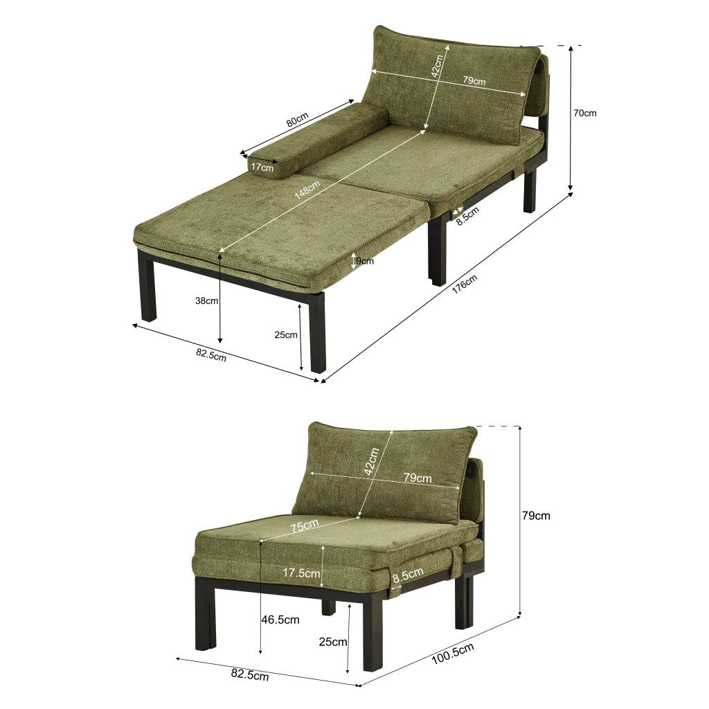 Poltrona letto con funzione letto rivestita in velluto verde con porta USB Type-C e struttura in legno