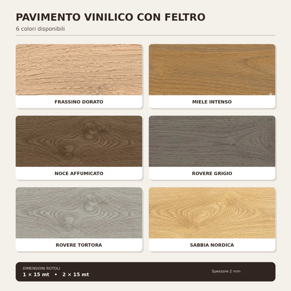 2 x 15 m (30 m²) Pavimento Vinilico a Rotolo Effetto Legno Miele Intenso – Spessore 2 mm con Feltro Fonoassorbente