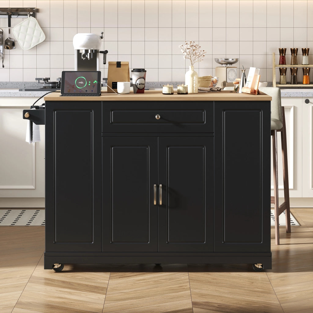 Isola da cucina mobile con piano ribaltabile prese elettriche vano rifiuti MDF nero naturale 131.8 × 40-70 × 93.3 cm