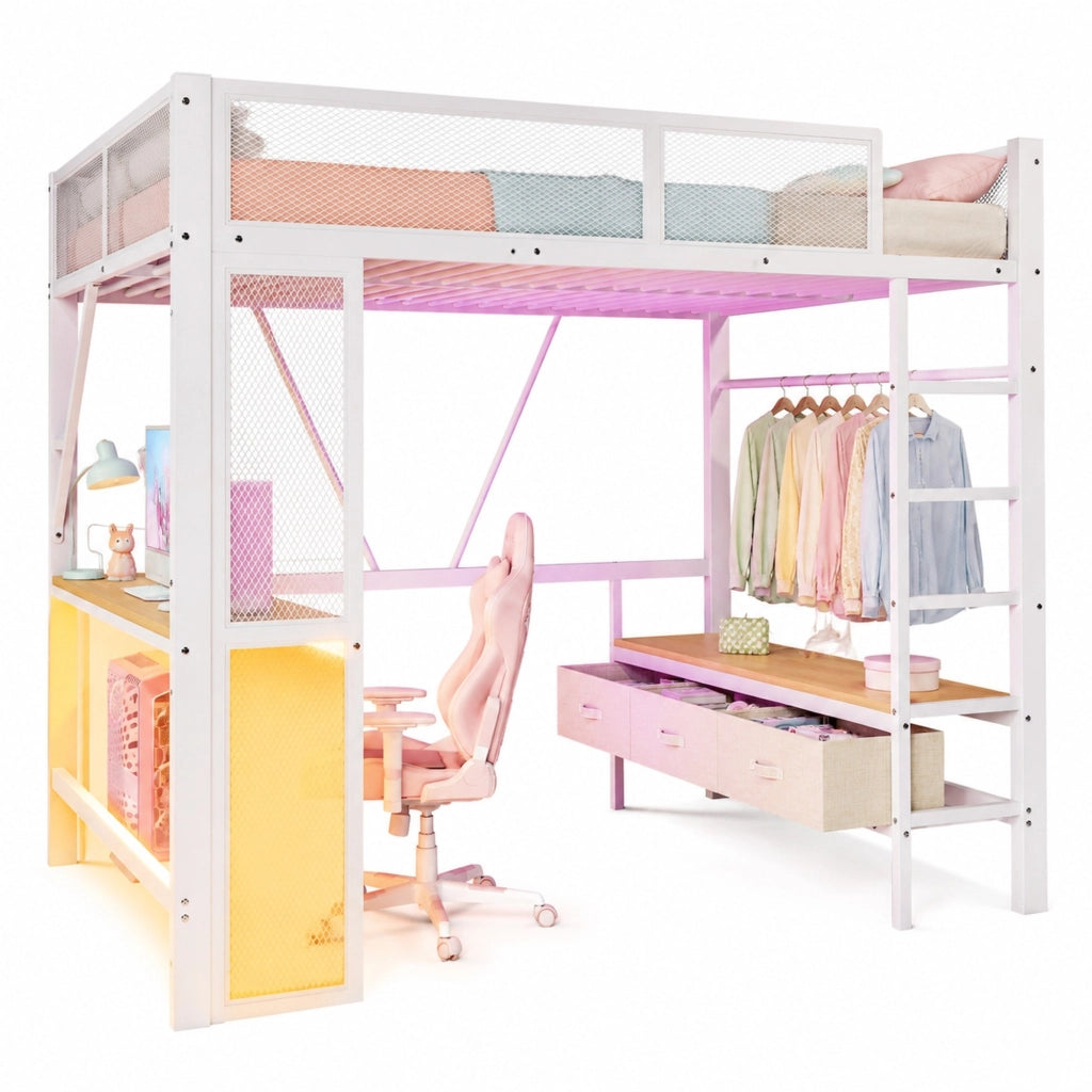 Letto a soppalco 90 ¡Á 200 cm con scrivania; armadio aperto; ripiani; LED e porte USB in legno bianco
