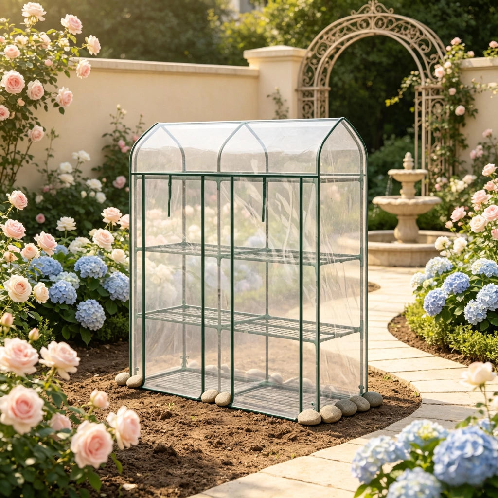 Serra da giardino con ripiani in metallo, copertura in plastica trasparente e 2 porte avvolgibili, 143 × 46 × 165 cm