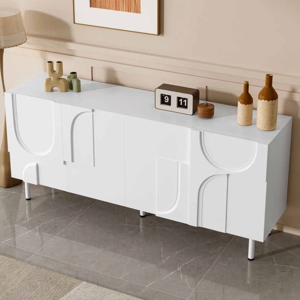 Sideboard da pranzo design geometrico, bianco, curve irregolari, moderno e funzionale con ampio spazio contenitivo, ideale per arredamento minimalista