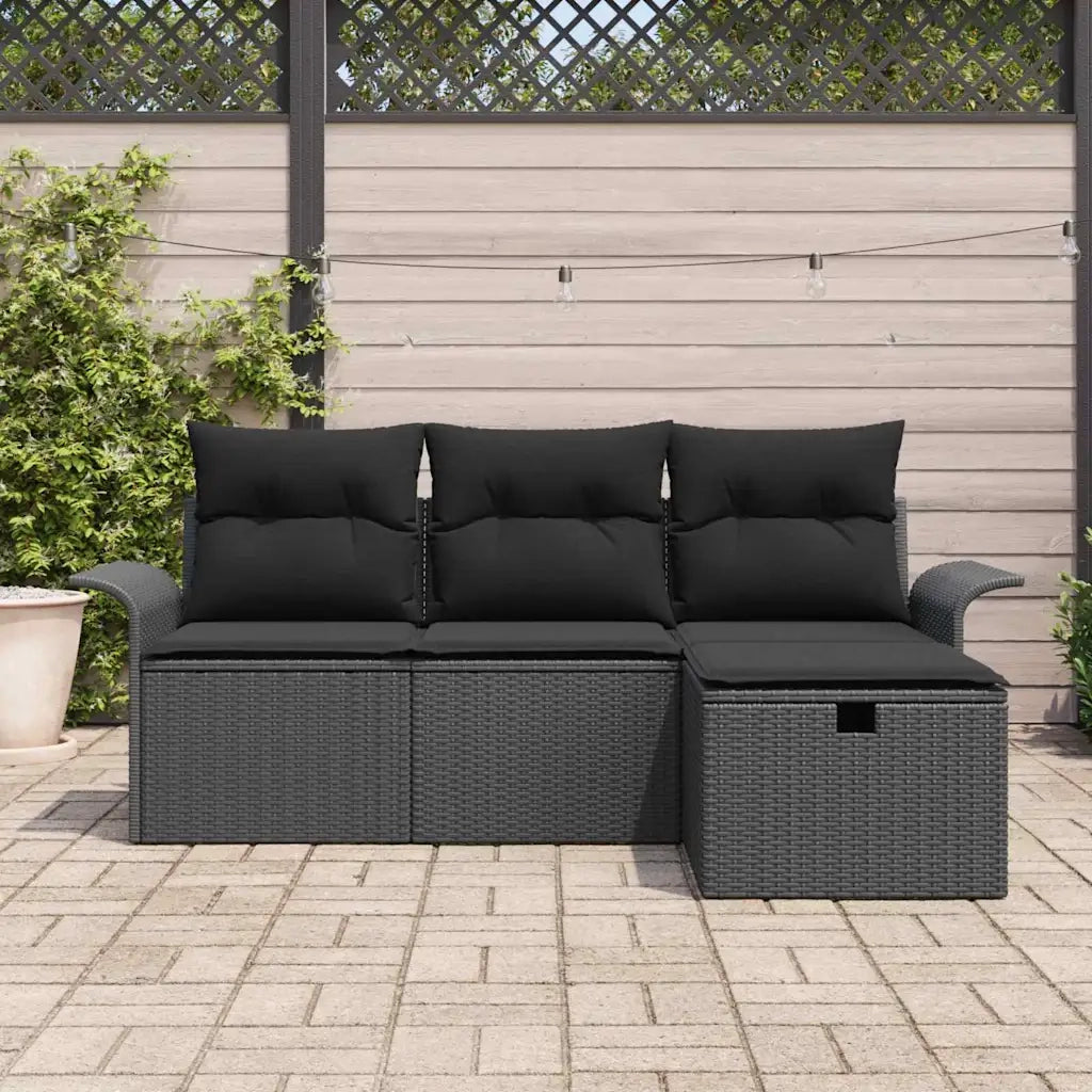 Set Divano da Giardino con cuscino 4 pcs Nero Poly Rattan