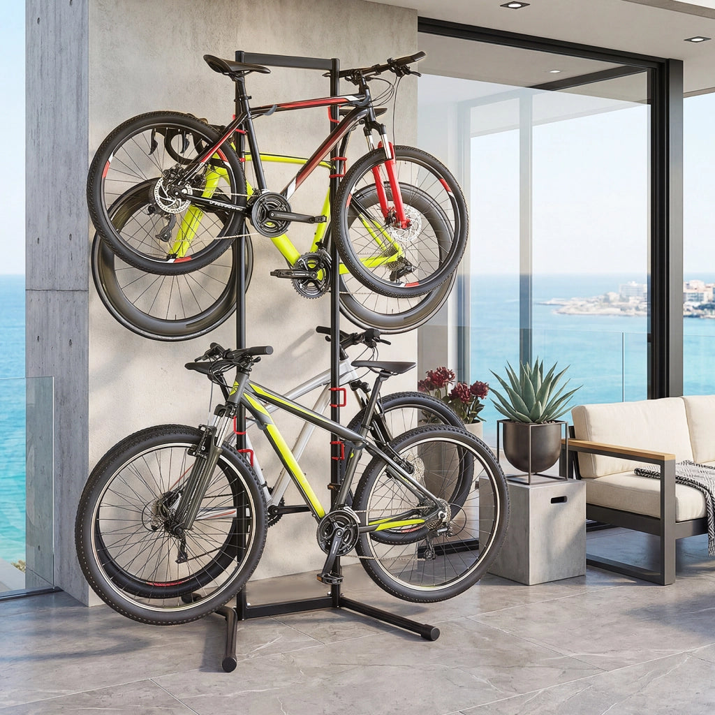 Portabici verticale a 4 posti con 8 ganci regolabili e rimovibili rastrelliera biciclette da terra, Portabici verticale per garage cantina e negozio