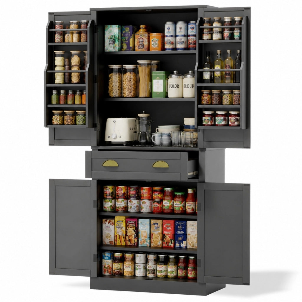 Armadio contenitore nero 182 cm con 4 ante, 1 cassetto e ripiani regolabili per cucina e soggiorno