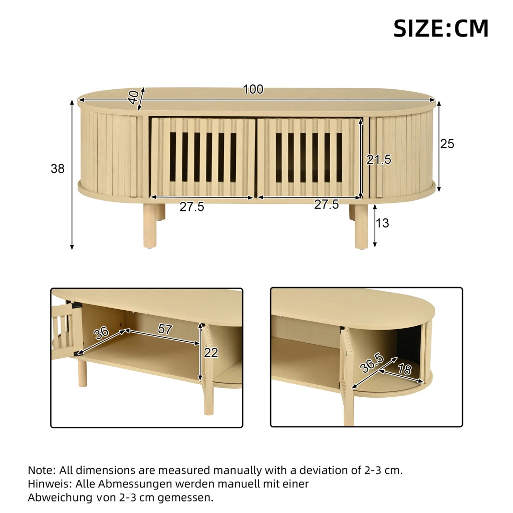 Tavolino basso fisso ovale con 2 ante a lamelle e anta scorrevole avvolgibile in MDF naturale 100 × 40 × 38 cm