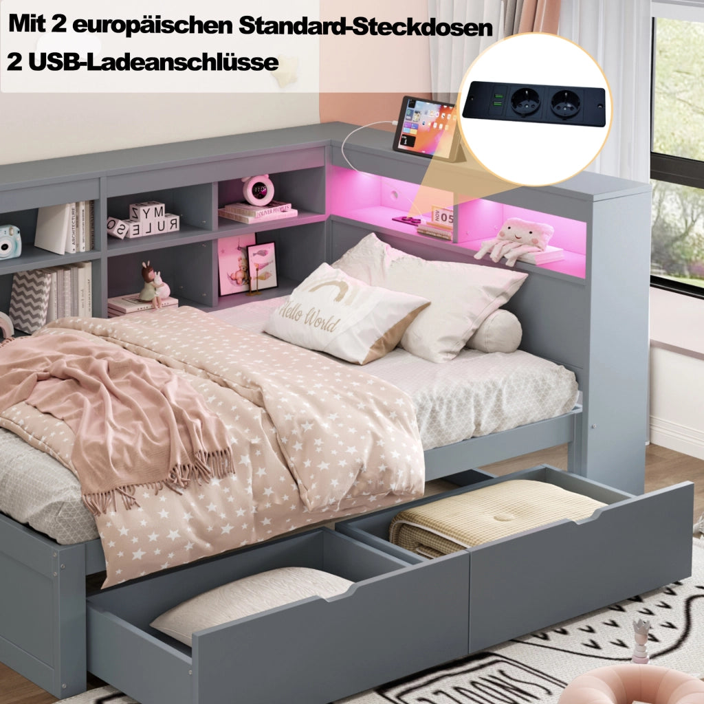 Letto per bambini 90x200 cm con LED multicolore; USB e presa; cassetti e ripiani; legno grigio