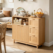 Credenza da cucina con vano aperto tre cassetti e ripiani regolabili in MDF e truciolato effetto legno 90 × 35 × 80 cm
