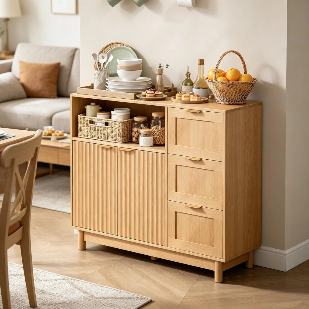 Credenza da cucina con vano aperto tre cassetti e ripiani regolabili in MDF e truciolato effetto legno 90 × 35 × 80 cm