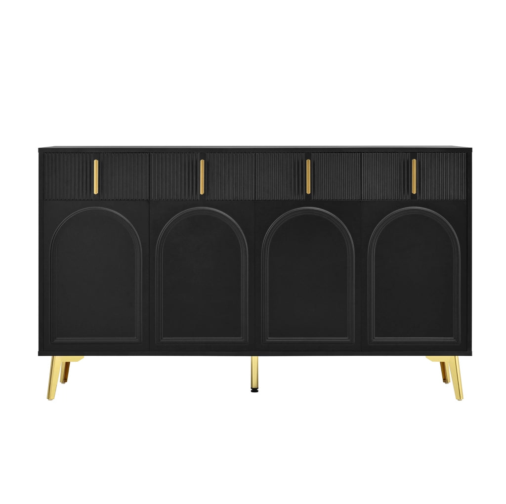 Credenza nera 140 cm con 4 ante, 4 cassetti e dettagli dorati