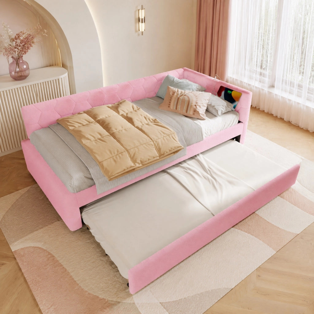 Letto con letto estraibile 90 × 200 cm con rete a doghe USB Tipo-C luce da comodino bouclé rosa