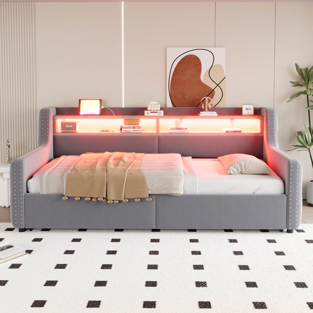 Divano letto 90 × 200 cm con contenitore idraulico LED presa USB Type-C in velluto grigio chiaro