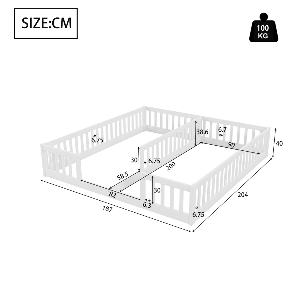 Letto per bambini doppio 90 × 200 cm con sponde di sicurezza in pino e MDF bianco senza rete né materassi