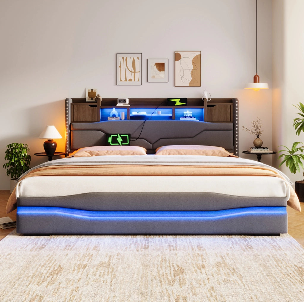 Letto imbottito 180x200 cm con contenitore idraulico, LED e prese USB, grigio
