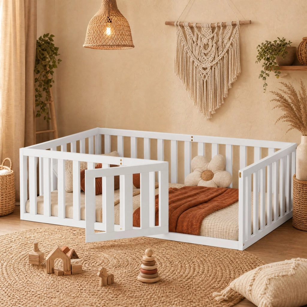 Letto per bambini a pavimento 90 × 200 cm con recinto e porta apribile in legno bianco senza rete a doghe