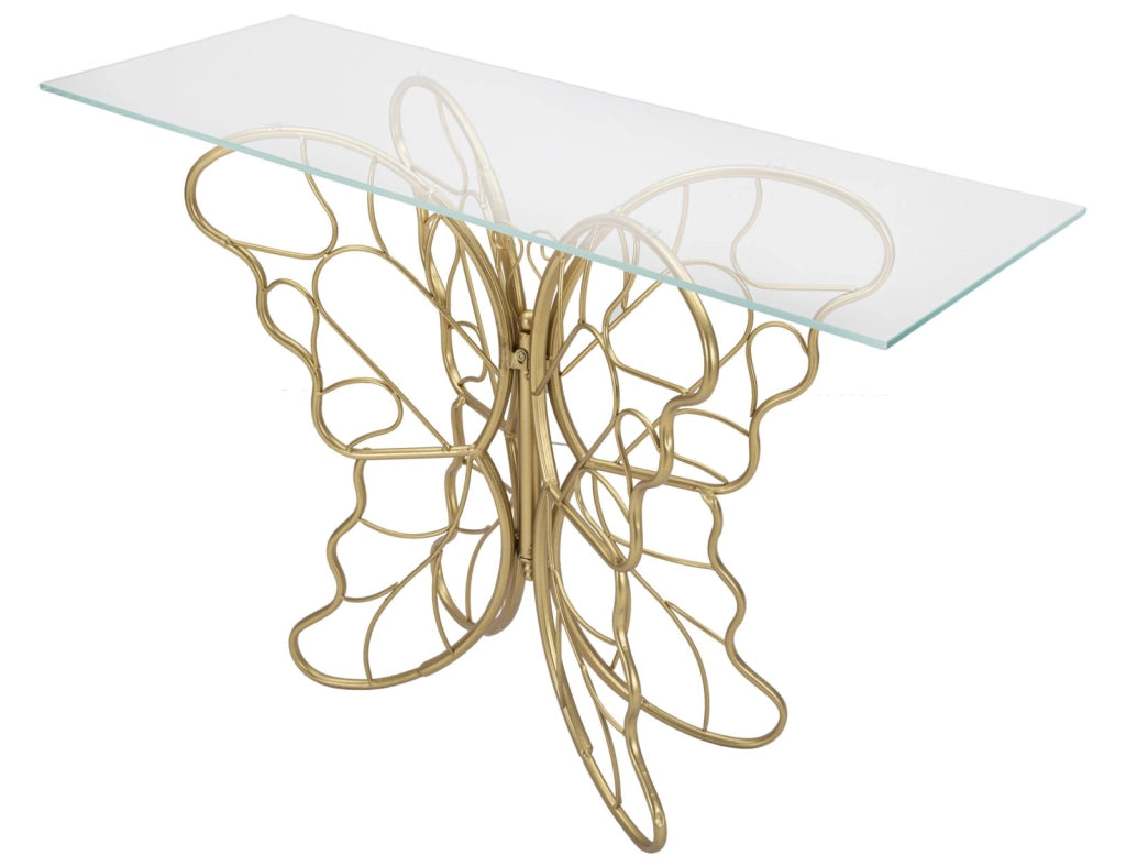 Console Butterfly 110x40x76 cm in Ferro e Vetro Oro
