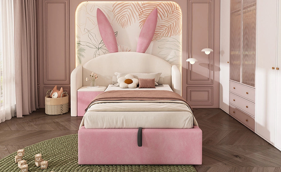 Letto per bambini 90x190 cm con testiera imbottita in velluto, orecchie con contenitore e comodino beige e rosa (senza materasso)