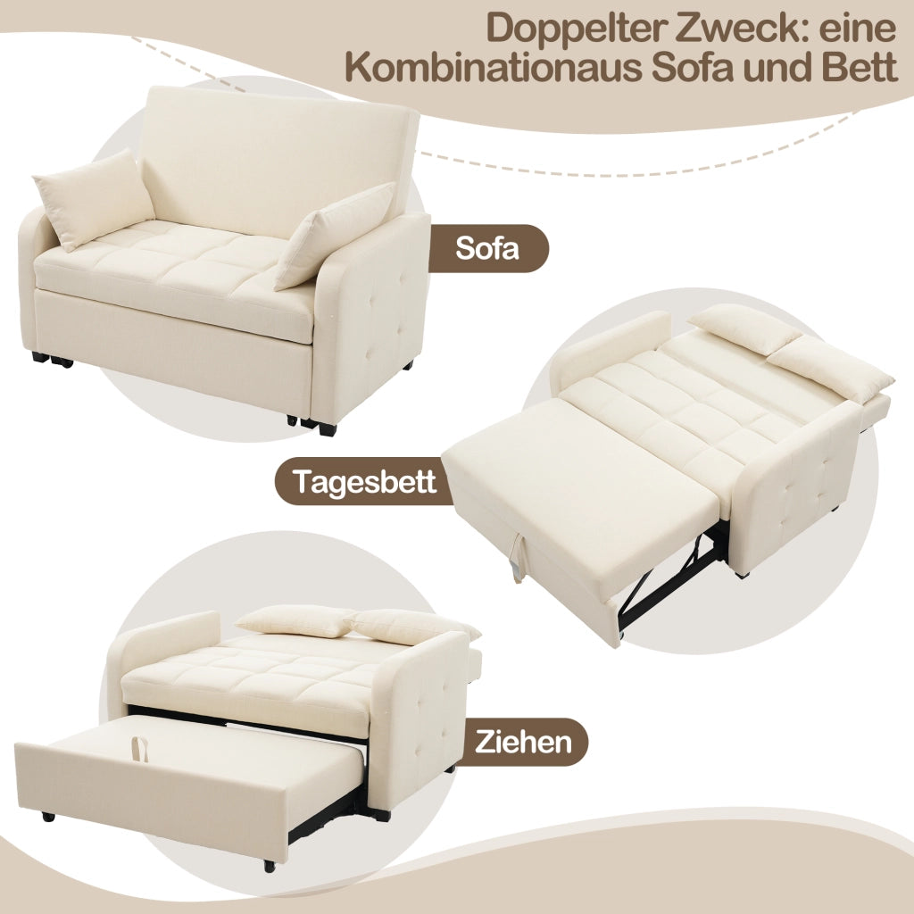 Divano Letto 2 Posti con Schienale Regolabile in 3 Posizioni e 2 Cuscini, Schiuma Beige 127 × 75 × 94 cm