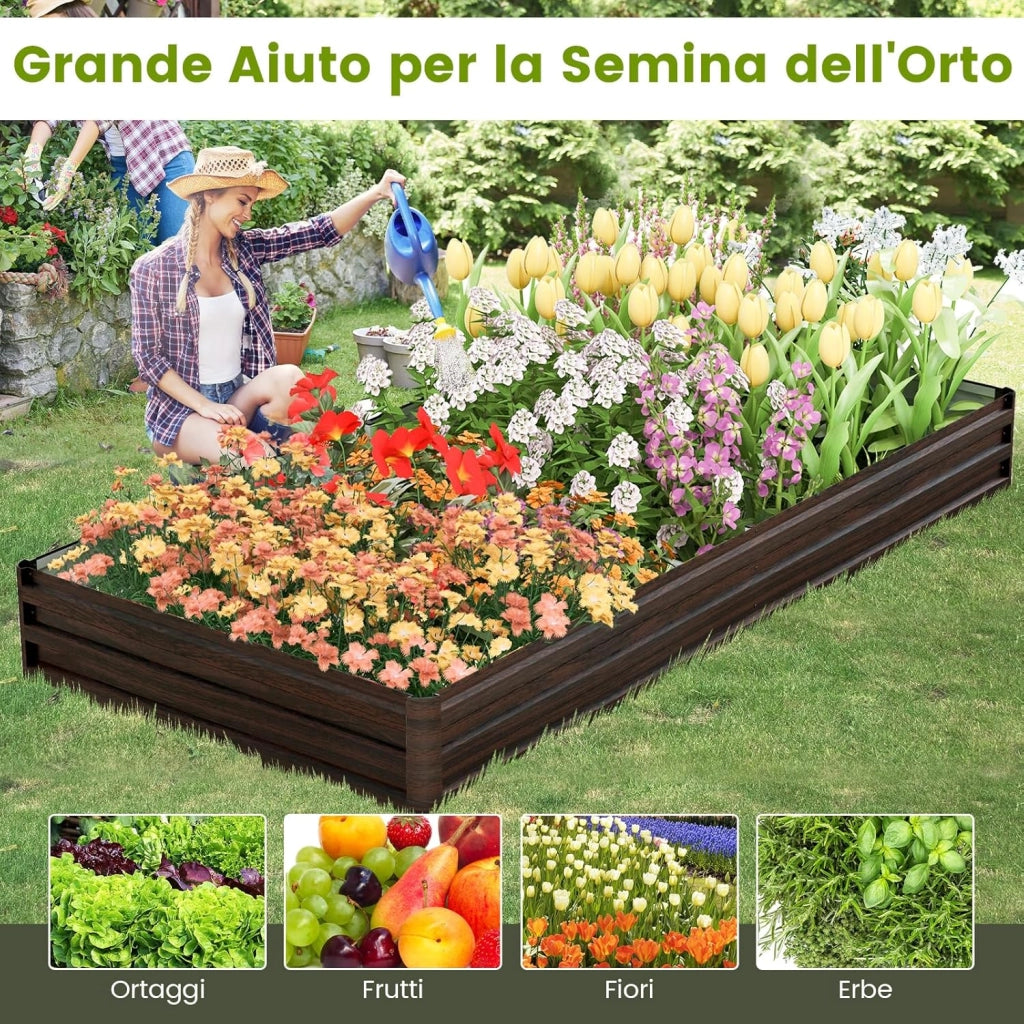 Fioriera in Metallo 240 x 120 x 30 CM, Orto Rialzato con Base Aperta, Aiuola da Esterno per Piante, Verdure, Frutta, Erbe Aromatiche e Fiori