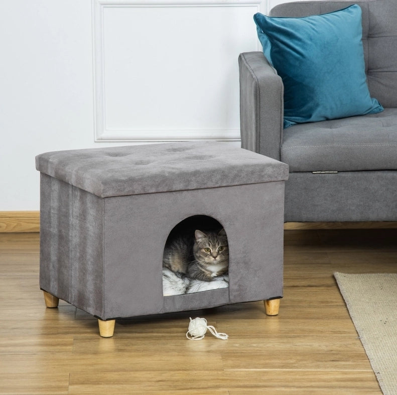 Pouf cuccia per gatti 2 in 1 grigio in MDF 60x45x44,5 cm