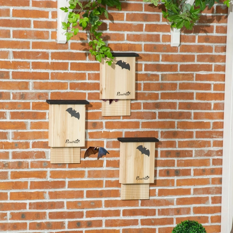 Set di 3 casette per pipistrelli, resistenti alle intemperie, fino a 3 pipistrelli per casetta, in legno di abete trattato, colore naturale + nero