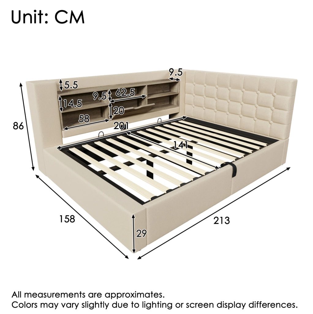 Letto Polsterato 140x200 cm con Illuminazione LED, Contenitore Idraulico e Testiera a L Montabile a Destra o Sinistra, Tessuto in Lino Beige (Senza Materasso)
