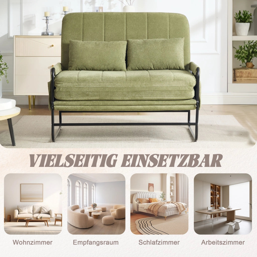 Divano letto 2 posti trasformabile 104x200 cm in chenille e metallo; verde oliva