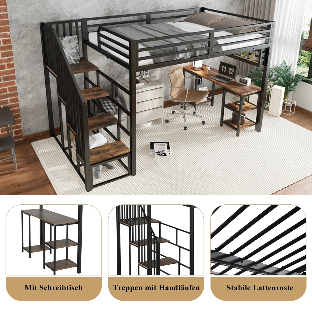 Letto a soppalco 120x200 cm con scrivania integrata e scaffale; metallo e legno; nero e noce scuro