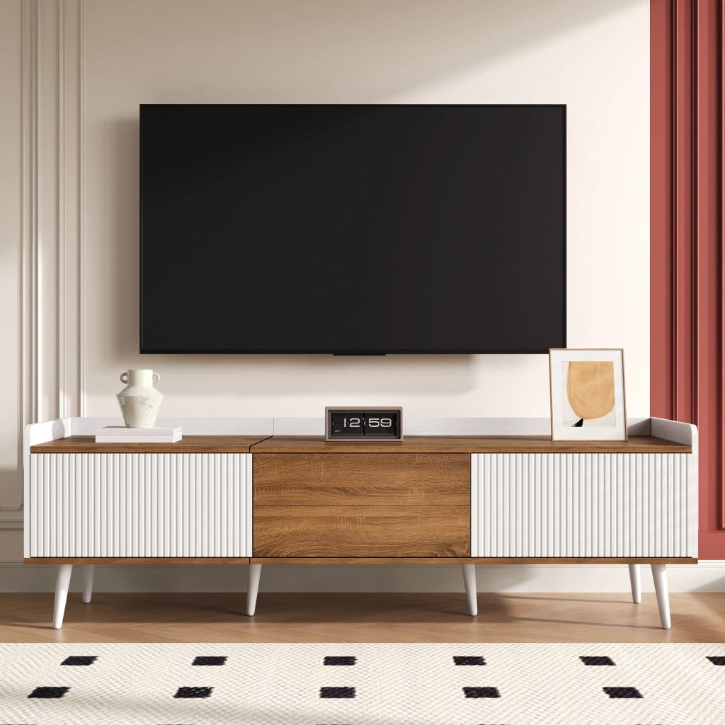 Mobile TV a 3 ante con struttura compatta, finitura bianco e legno naturale, 160 x 39 x 49,5 cm