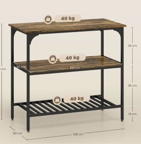 Scaffale da cucina ULEVR 100x50 cm a 3 livelli con ripiani e griglia in acciaio, marrone rustico