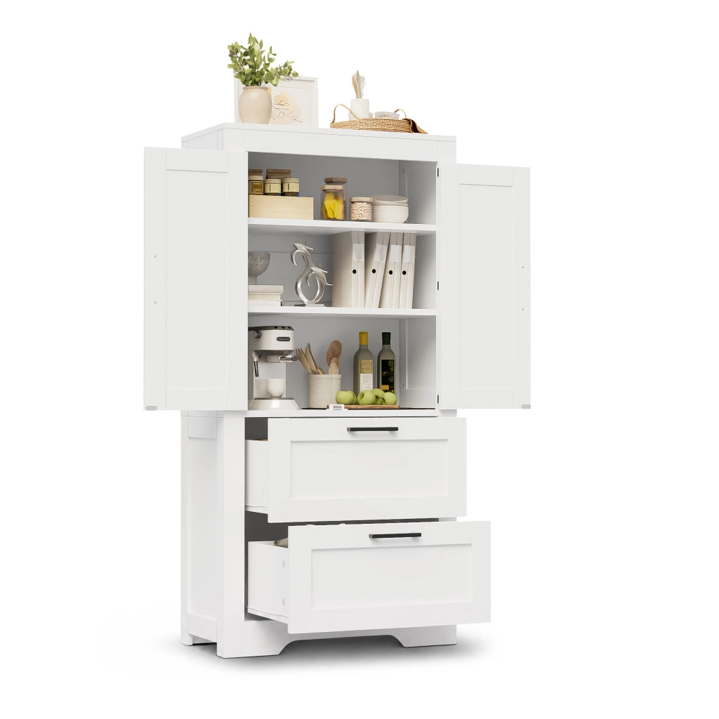 Credenza cucina alta con 2 cassetti e ripiani regolabili, classica, per cucina e soggiorno, bianca, 60 × 30 × 128 cm
