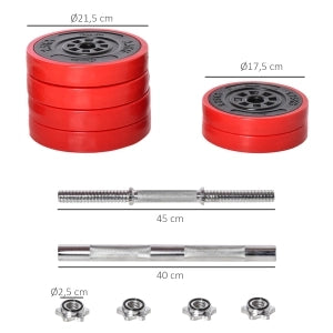 Set Manubri Regolabili 20/30 kg, 2-in-1 Manubri e Bilanciere, Acciaio/PP/Sabbia, Rosso/Nero, 21,5x21,5x3,8 cm, Fitness Casa