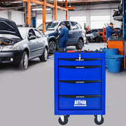 Armadio da officina con 4 cassetti su ruote; guide a sfere; serratura; acciaio verniciato nero e blu